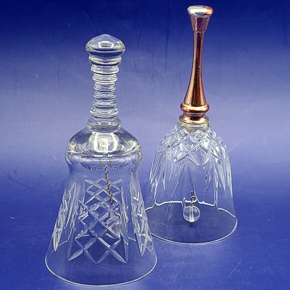 Pair Vintage Crystal Glass Hand Table Bells Unknown Makers 6.5" and 5.5" High - Picture 1 of 10